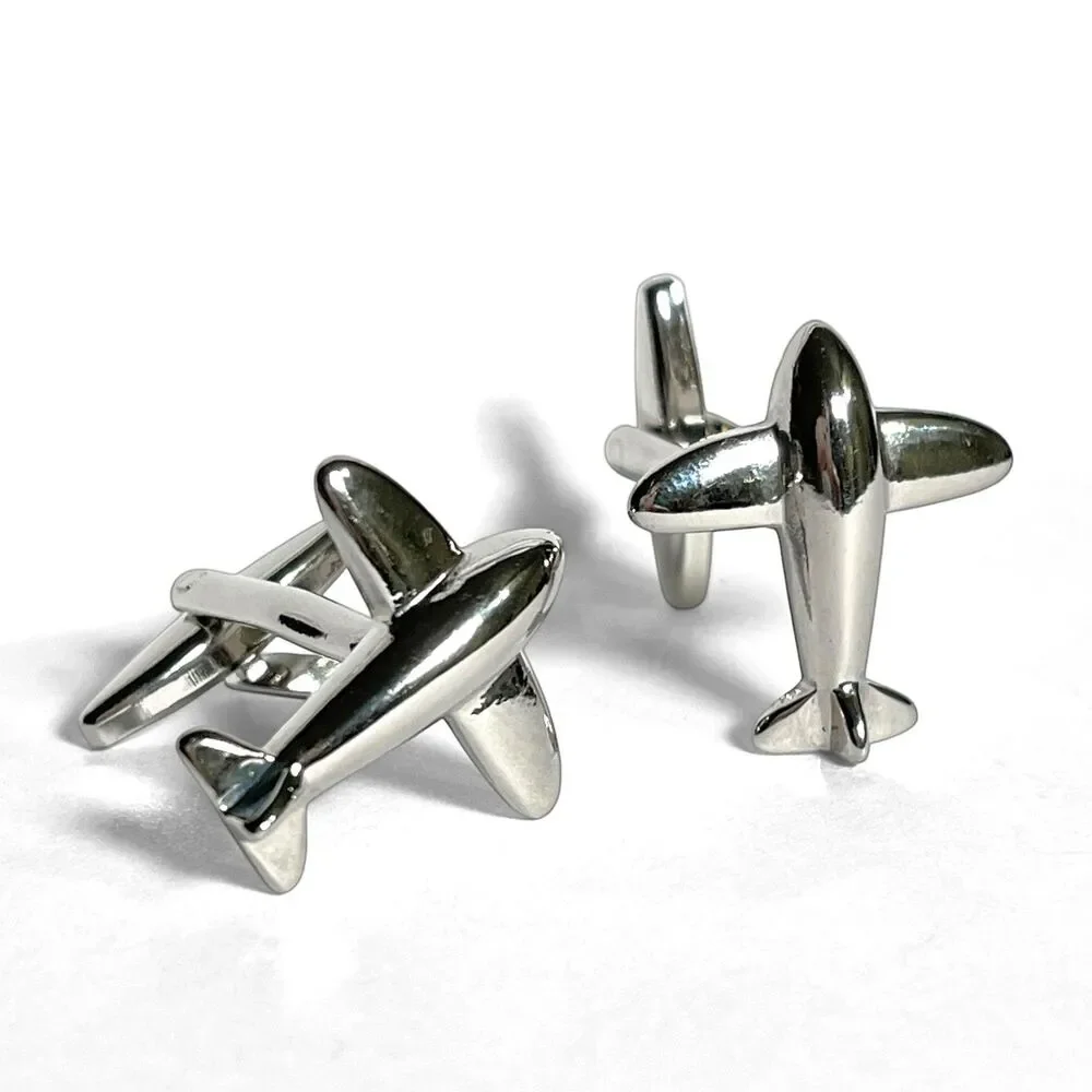 Airplane Cufflinks Silver Tone Fasteners Pilot Flight Attendant Plane Aviation